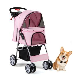 Folding Pet Stroller with Adjustable Canopy for Outdoor (Color: Pink, type: pets supplies)